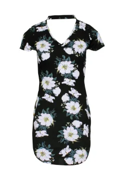 Black Floral Choker Mini Bodycon Dress