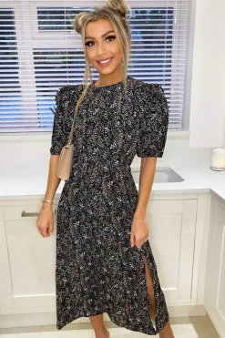 Black Floral Pleated Puff Sleeve Midi Dress