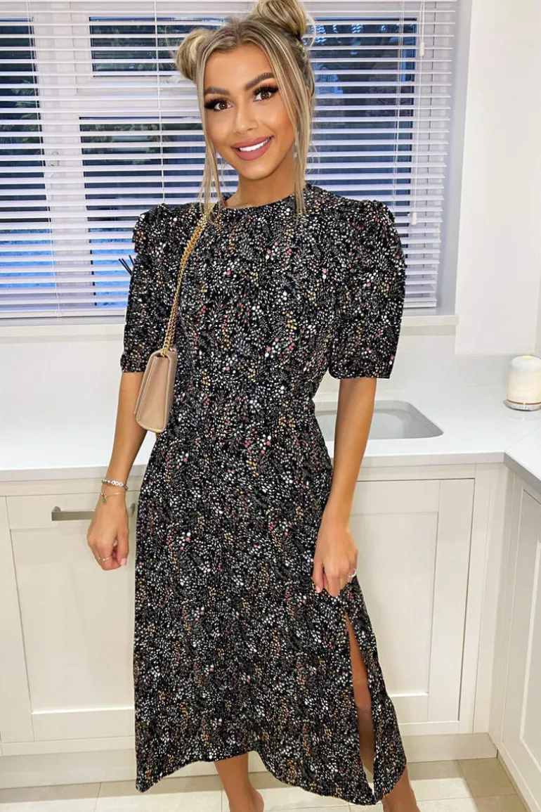 Black Floral Pleated Puff Sleeve Midi Dress