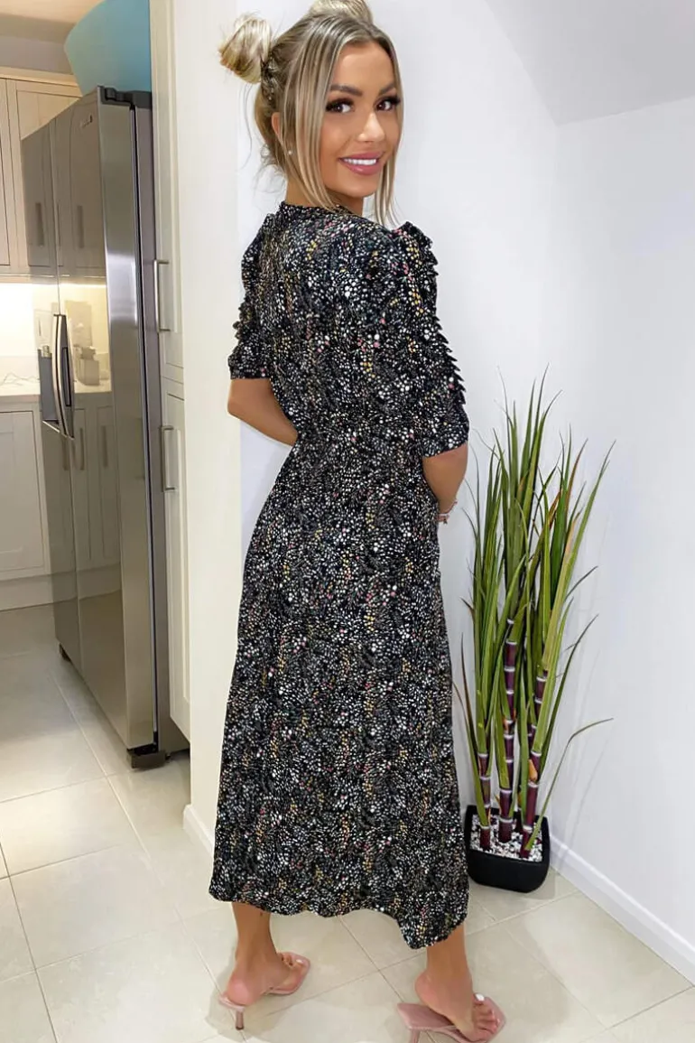 Black Floral Pleated Puff Sleeve Midi Dress