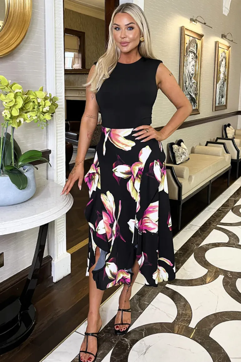 Black Floral Print 2 In 1 Double Frill Split Midi Dress