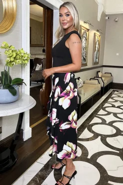 Black Floral Print 2 In 1 Double Frill Split Midi Dress