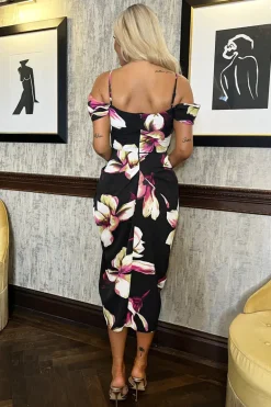Black Floral Print Cowl Neck Bardot Gathered Skirt Midi Dress