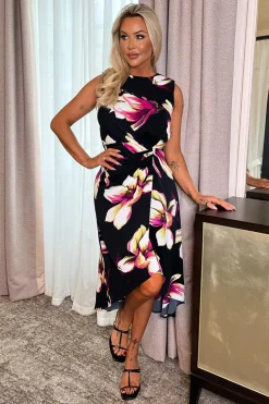Black Floral Print Gathered Midi Dress With Shoulder Pads