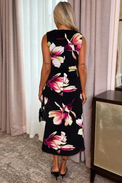 Black Floral Print Gathered Midi Dress With Shoulder Pads