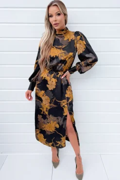 Black Floral Print High Neck Long Sleeve Midi Dress