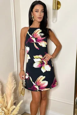 Black Floral Print Racer Neck Slip Mini Dress