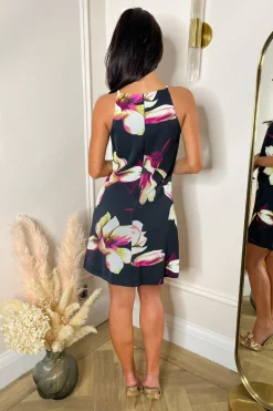 Black Floral Print Racer Neck Slip Mini Dress