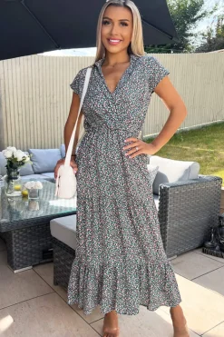 Black Floral Print Short Sleeved V-Neck Midi Smock Dress