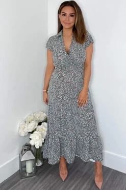 Black Floral Print Short Sleeved V-Neck Midi Smock Dress