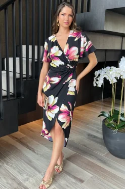 Black Floral Print Short Sleeve Ring Detail Wrap Midi Dress