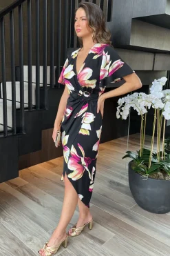 Black Floral Print Short Sleeve Ring Detail Wrap Midi Dress