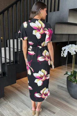 Black Floral Print Short Sleeve Ring Detail Wrap Midi Dress