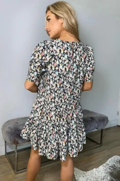Black Floral Print Smock Dress