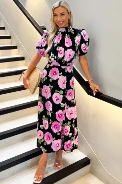 Black Floral Printed Short Puff Sleeve Midi Dress