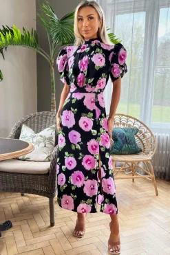 Black Floral Printed Short Puff Sleeve Midi Dress
