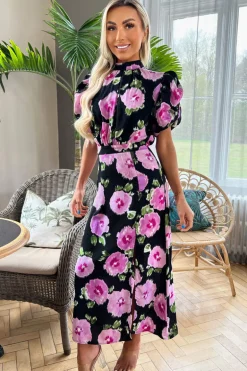 Black Floral Printed Short Puff Sleeve Midi Dress