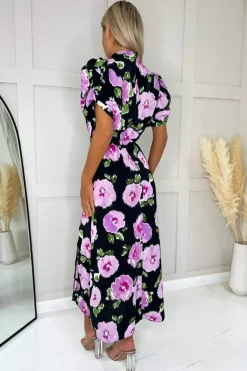 Black Floral Printed Short Puff Sleeve Midi Dress