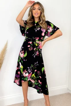 Black Floral Printed Short Sleeve Gathered Side Midi Dress