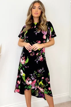 Black Floral Printed Short Sleeve Gathered Side Midi Dress