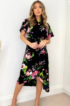 Black Floral Printed Short Sleeve Gathered Side Midi Dress