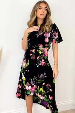 Black Floral Printed Short Sleeve Gathered Side Midi Dress