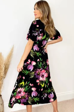 Black Floral Printed Short Sleeve Gathered Side Midi Dress