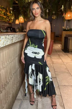 Black Floral Printed Strapless Ruched Midi Dress