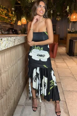 Black Floral Printed Strapless Ruched Midi Dress