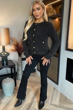 Black Fluffy Knit Gold Button Cardigan