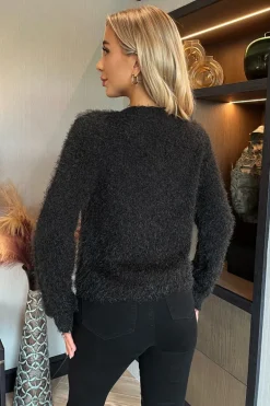 Black Fluffy Knit Gold Button Cardigan