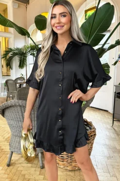 Black Frill Detail Gold Button Front Shirt Dress