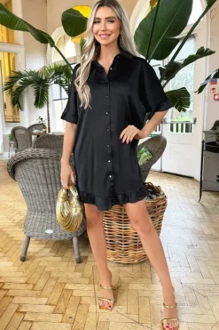 Black Frill Detail Gold Button Front Shirt Dress