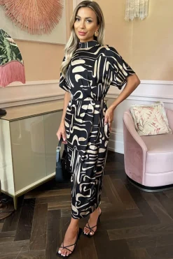 Black Geometric Pattern High Neck Wrap Skirt Midi Dress