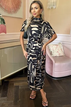 Black Geometric Pattern High Neck Wrap Skirt Midi Dress