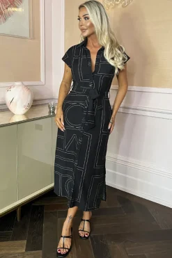Black Geometric Print Tie Waist Shirt Midi Dress
