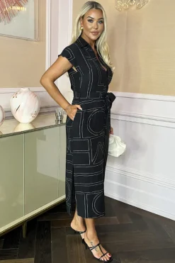 Black Geometric Print Tie Waist Shirt Midi Dress