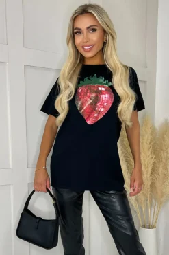 Black Glitter Strawberry Print T-Shirt