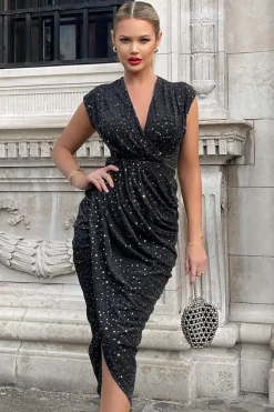 Black Glitter Wrap Draped Midi Dress