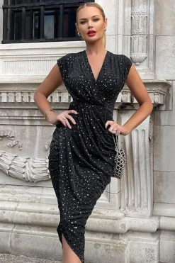 Black Glitter Wrap Draped Midi Dress