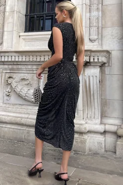 Black Glitter Wrap Draped Midi Dress