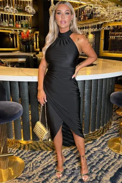 Black Halter Neck Draped Wrap Skirt Midi Dress
