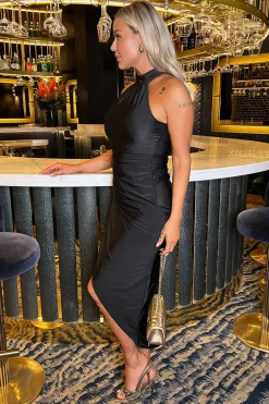 Black Halter Neck Draped Wrap Skirt Midi Dress