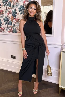 Black Halter Neck Knot Skirt Midi Dress