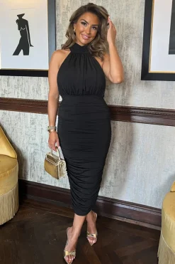 Black Halter Neck Ruched Bodycon Midi Dress