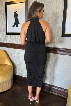 Black Halter Neck Ruched Bodycon Midi Dress