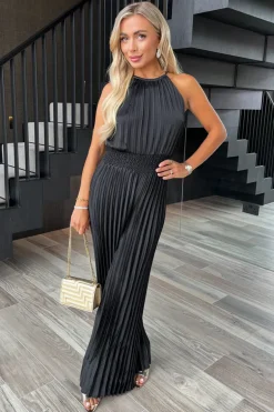 Black Halter Neck Shirred Waist Pleated Jumpsuit