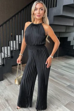 Black Halter Neck Shirred Waist Pleated Jumpsuit