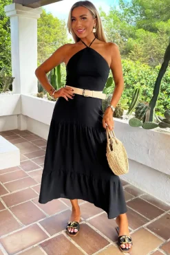 Black Halterneck Straw Belt Tiered Midi Dress