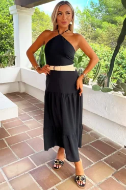 Black Halterneck Straw Belt Tiered Midi Dress